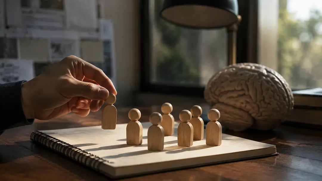 "Wooden figures, a human brain model, and a notebook representing how AI memory influences marketing decisions and brand recognition."