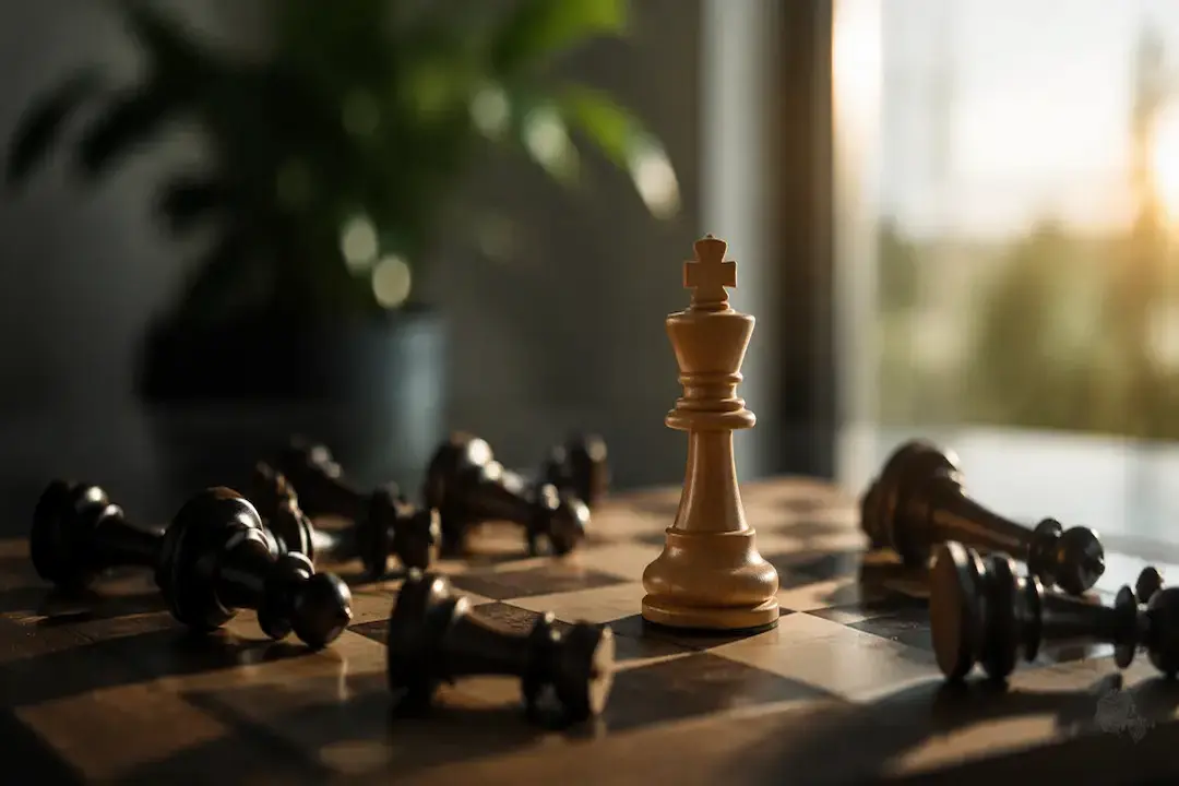 "Chessboard with a standing king representing strategic planning and winning with Generative Search Optimisation (GSO)."