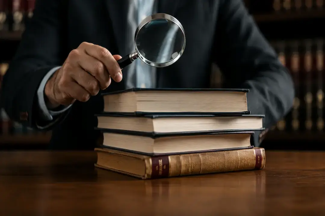 "Legal professional reviewing reference books with a magnifying glass, representing how ChatGPT selects trusted sources and citations."