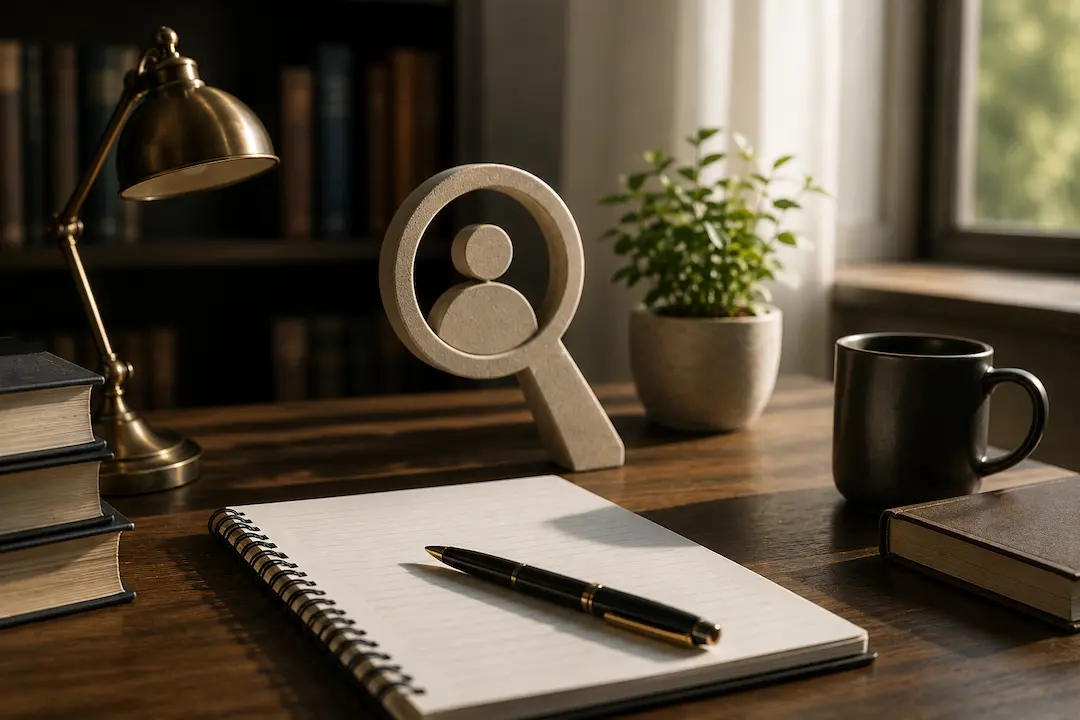 "Workspace with notebook, books, and a search icon, representing content optimisation for generative AI search and AI-powered discovery."
