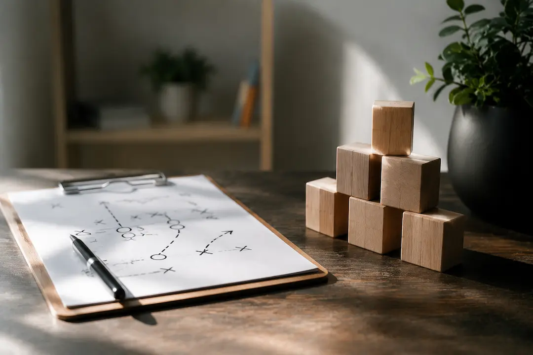 "Content planning strategy with workflow notes and building blocks, representing a B2B content framework designed for AI understanding and discovery."