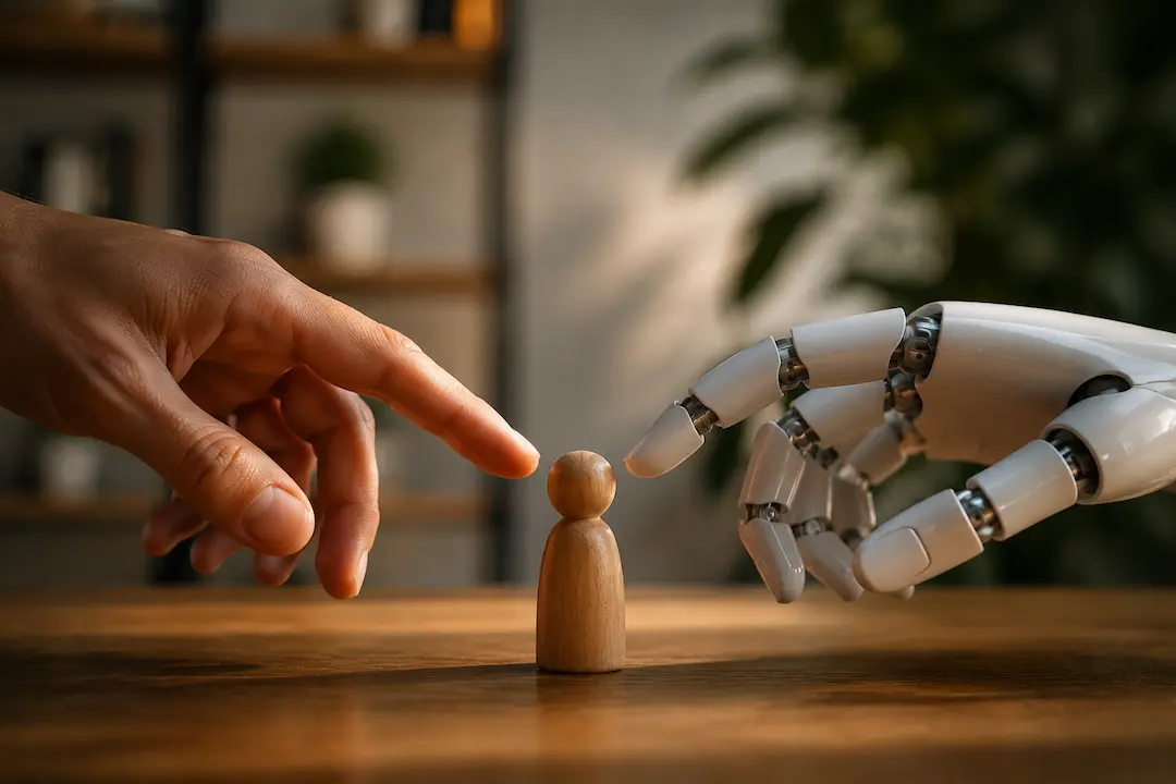 "Human hand and robotic hand reaching toward a figure, illustrating evolving human-AI interaction patterns and collaborative decision-making."