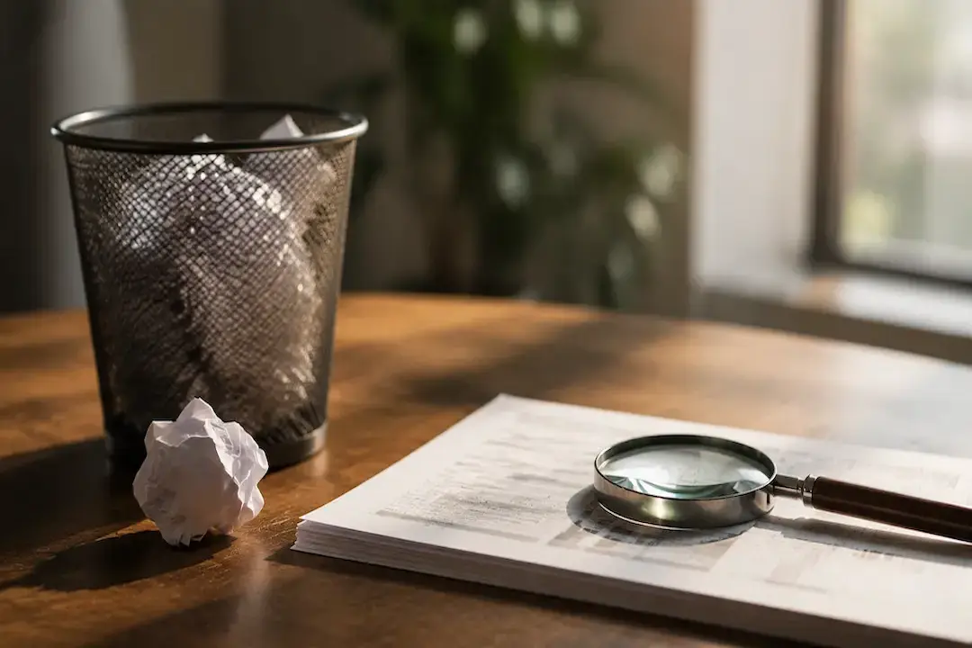 "Magnifying glass examining content beside discarded paper, representing why AI search systems reject keyword stuffing in favour of helpful, high-quality content."