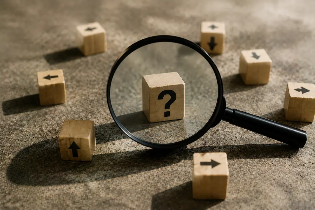 "Magnifying glass highlighting a question icon among directional blocks, representing Answer Engine Optimisation (AEO) and how AI finds direct answers."