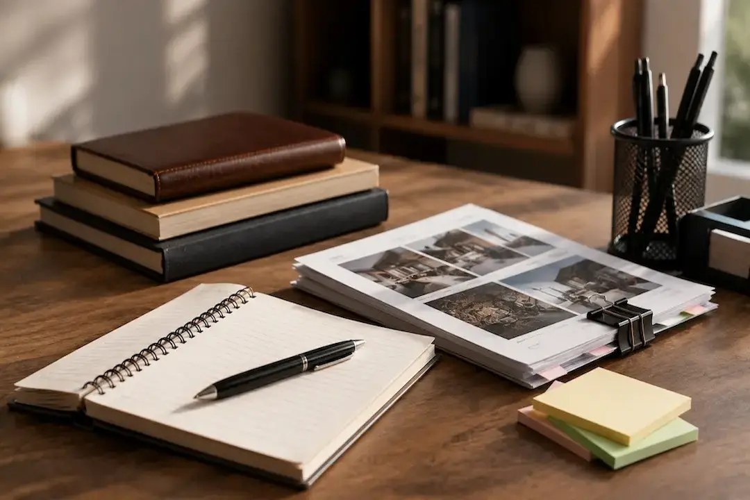 "Workspace with notebooks, research materials, and planning documents, representing the benefits of using AI to streamline content creation and publishing."