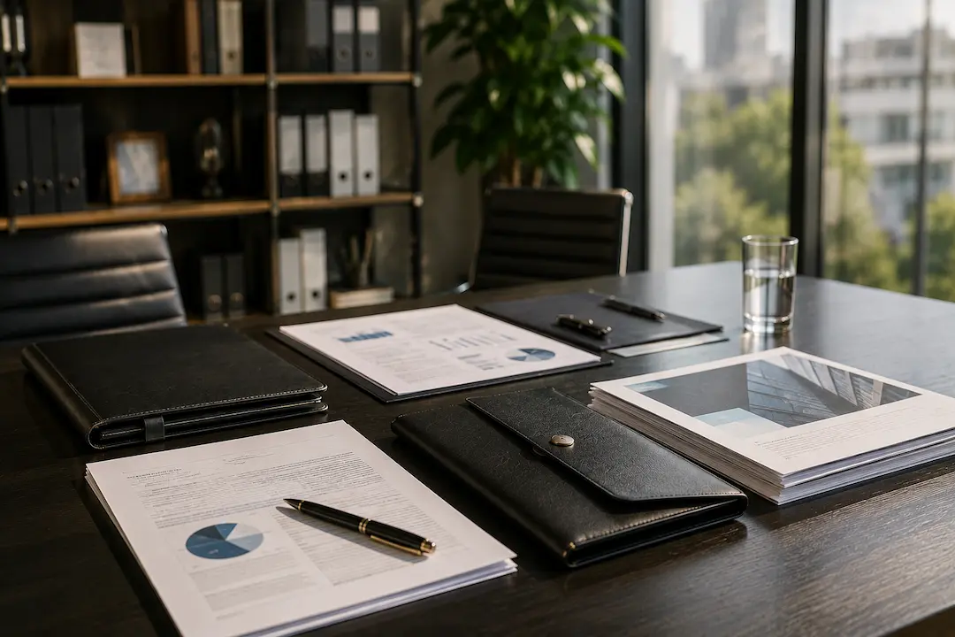 "Modern B2B office workspace with reports and business documents, representing AEO strategies for improving AI search visibility in 2026."