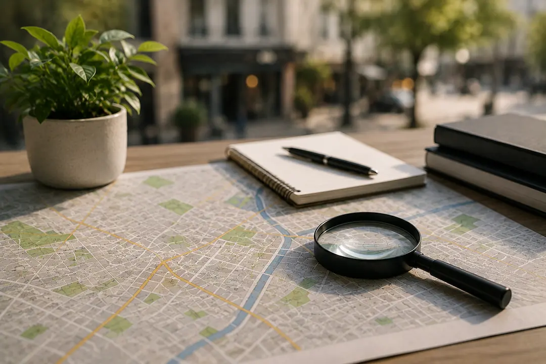 "Map, magnifying glass, and workspace representing Answer Engine Optimisation (AEO) strategies for improving local business visibility in AI-powered search."