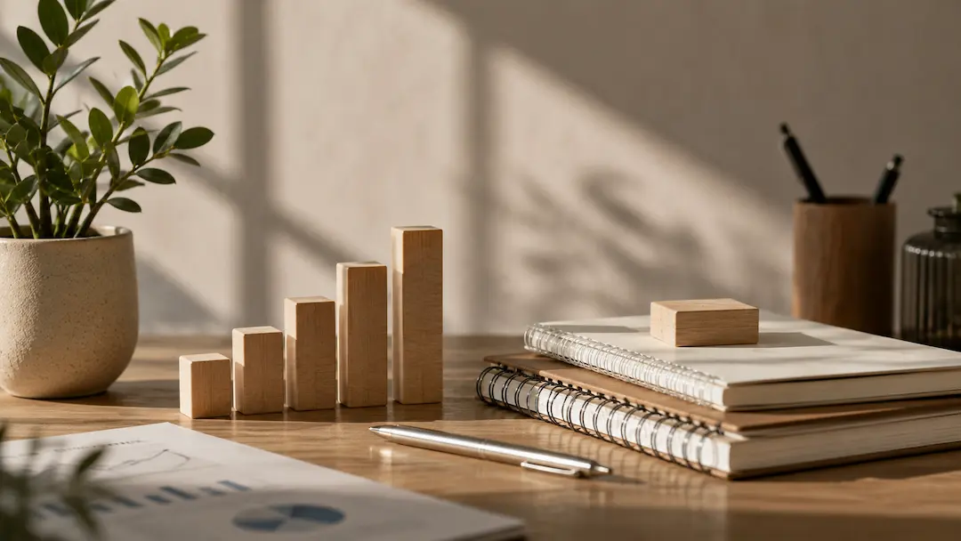 "Growing wooden blocks and marketing workspace representing Answer Engine Optimisation (AEO) as the next evolution of digital marketing in Australia."