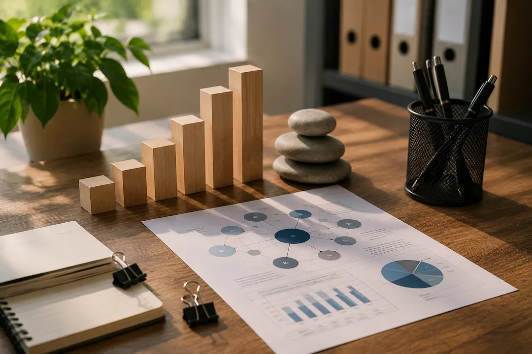"B2B SaaS growth dashboard with performance charts and strategy planning materials, representing SEO and GEO for improving AI search visibility."
