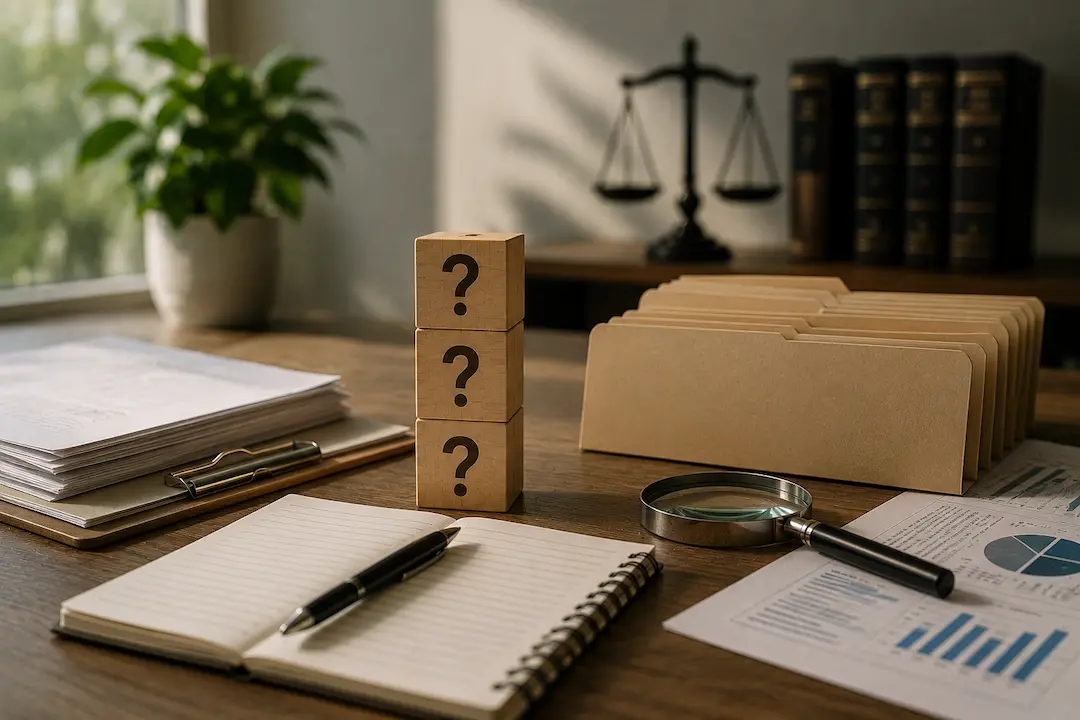 "FAQ planning documents with question blocks, folders, and research materials representing AI-friendly FAQ optimisation for improved answer engine visibility."