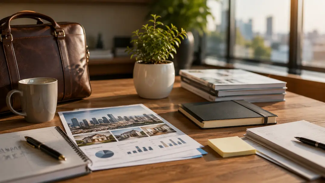 "Real estate marketing workspace with property reports, market analysis, and planning materials representing the future of AI in real estate marketing."