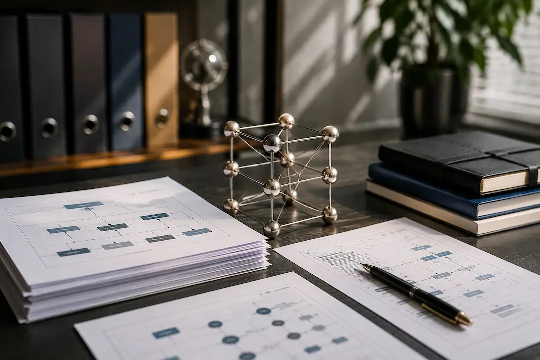 "Workspace with structured data diagrams, interconnected data model, and content planning documents illustrating structured data for answer engine optimisation (AEO) and AI search visibility."