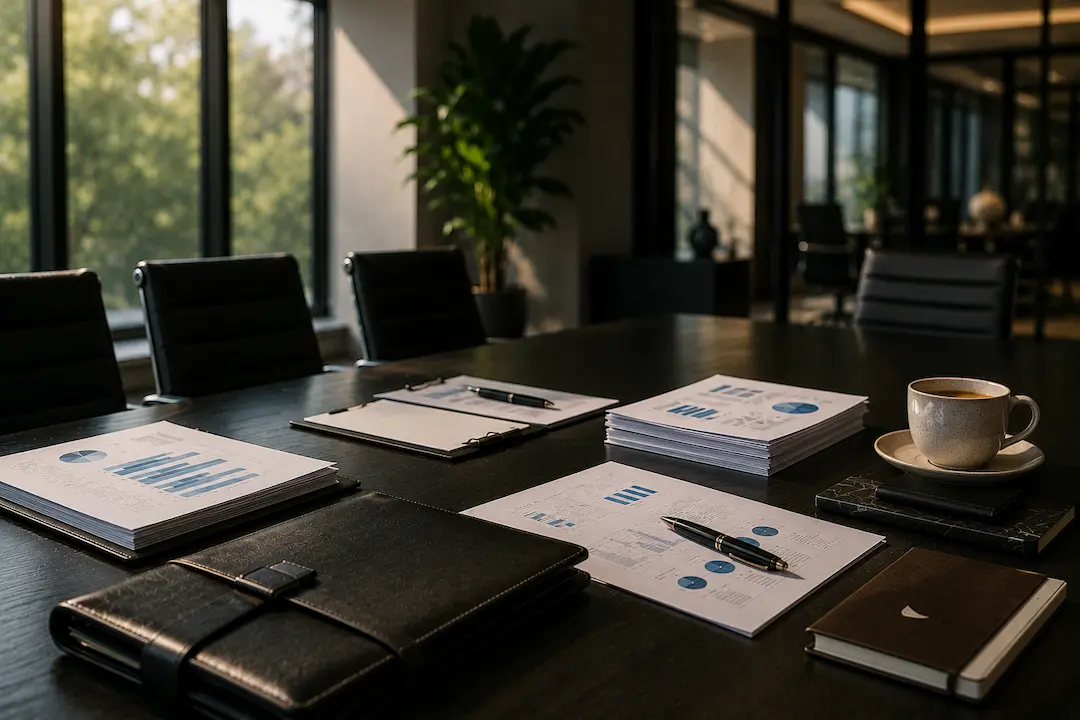 "Modern enterprise boardroom with analytics reports, planning documents, and collaborative workspace representing human-led, AI-enhanced teams scaling answer engine optimisation (AEO) across the organisation."