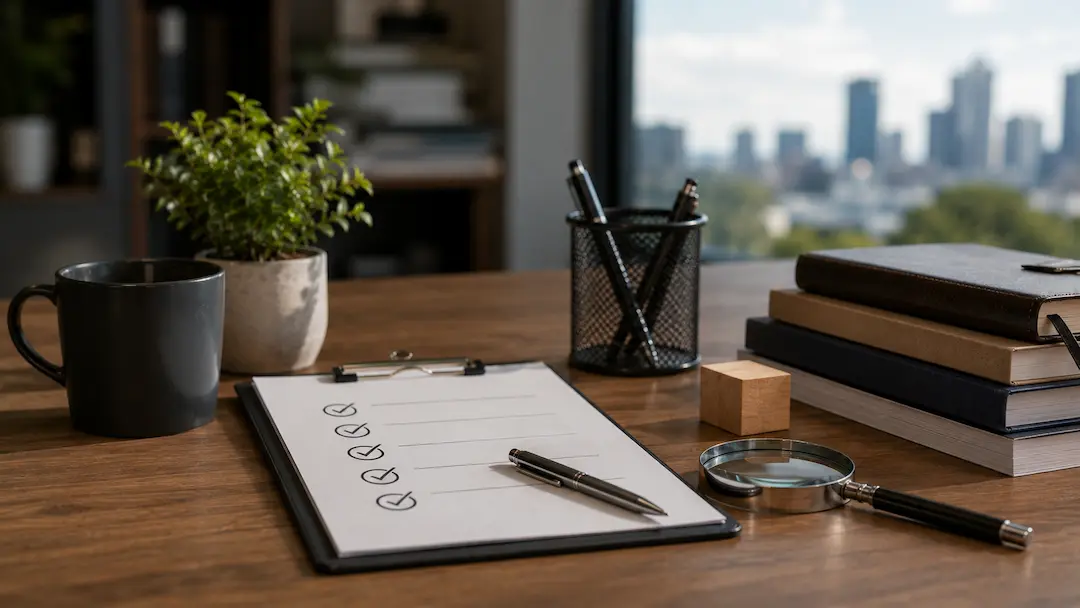 "Professional office workspace with an AI SEO agency evaluation checklist, magnifying glass, documents, and business planning materials symbolising how to assess AI SEO agencies in Melbourne."