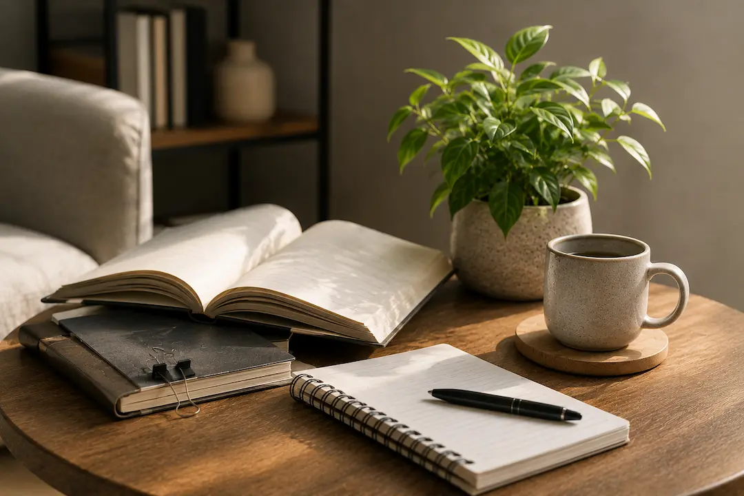 "Minimalist workspace with an open book, notebook, coffee cup, and writing desk representing blog content planning and optimisation for AI-driven search platforms and generative search engines."