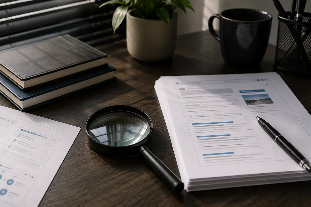 "Workspace with SEO audit documents, magnifying glass, and optimisation reports illustrating content analysis for Google AI Overviews, featured snippets, and AI-powered search visibility."