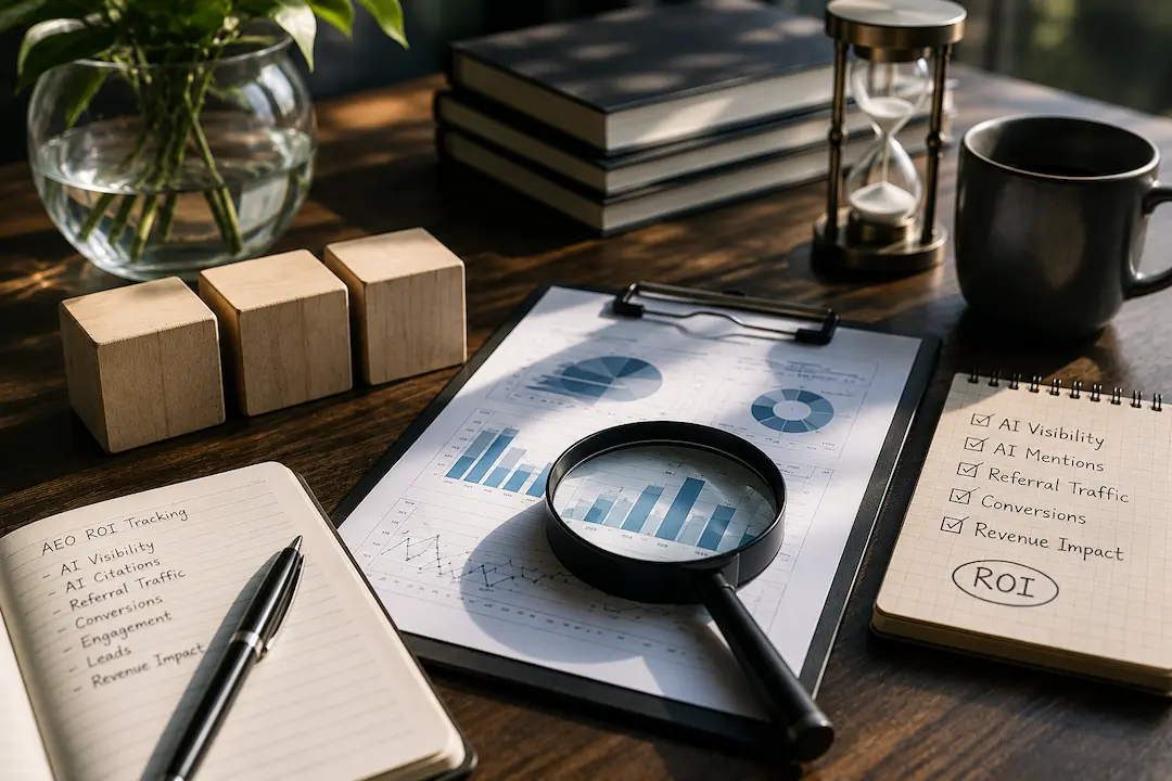 "Analytics dashboard, ROI tracking checklist, magnifying glass, and performance reports illustrating how to measure answer engine optimisation (AEO) ROI, AI visibility, citations, referral traffic, conversions, and business impact."