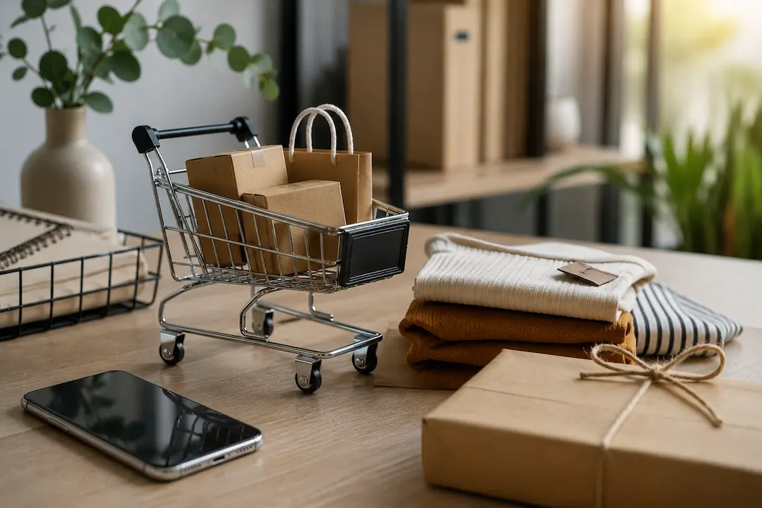 "E-commerce workspace with shopping cart, product packaging, folded apparel, and smartphone representing generative engine optimisation (GEO) strategies for improving AI search visibility and online retail discoverability."