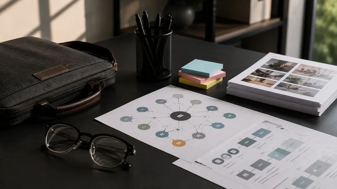 "Workspace with semantic relationship diagrams, content strategy documents, analytics charts, and planning materials illustrating semantic search optimisation for improved AI search visibility and content relevance."