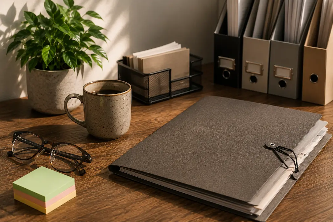 "Content planning workspace with research folder, organised reference documents, notebooks, and editorial desk setup representing how to create engaging, well-structured content that large language models (LLMs) are more likely to cite."