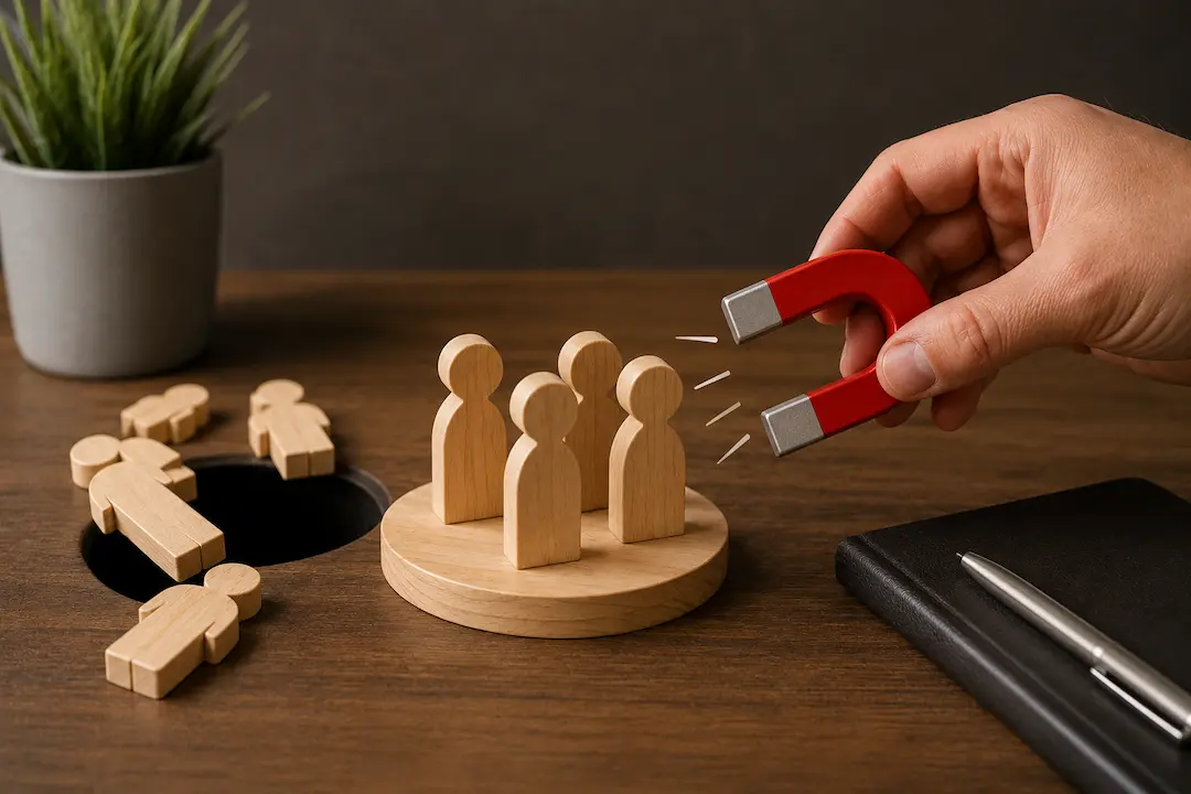 Hand using a red magnet to attract wooden figures, representing the recovery of leads lost to AI-generated answers.