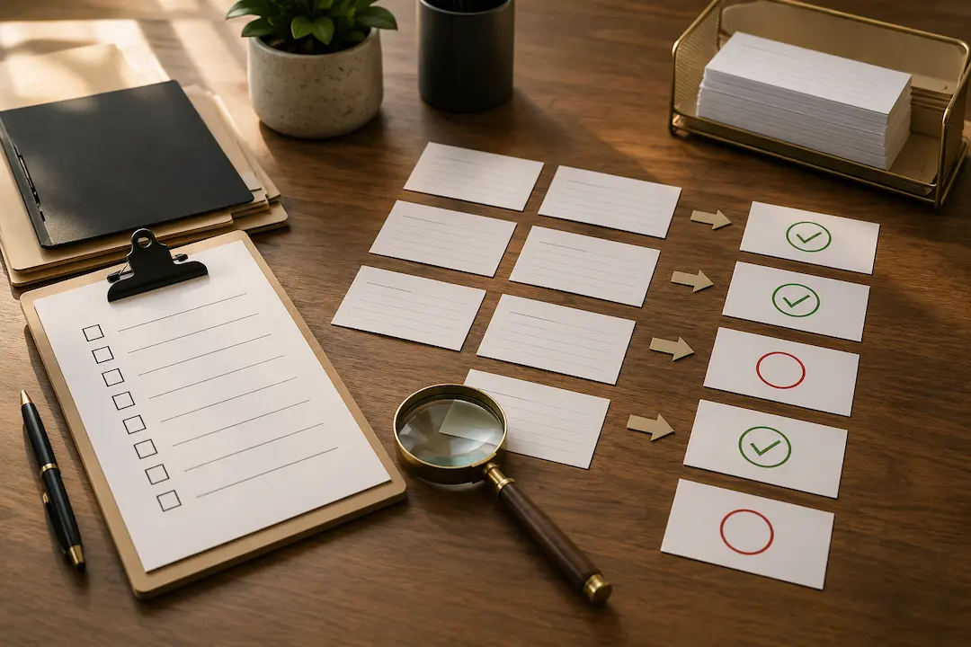 Desk arranged with prompt cards, arrows, check marks and a checklist, representing a DIY audit of AI visibility through prompt testing.