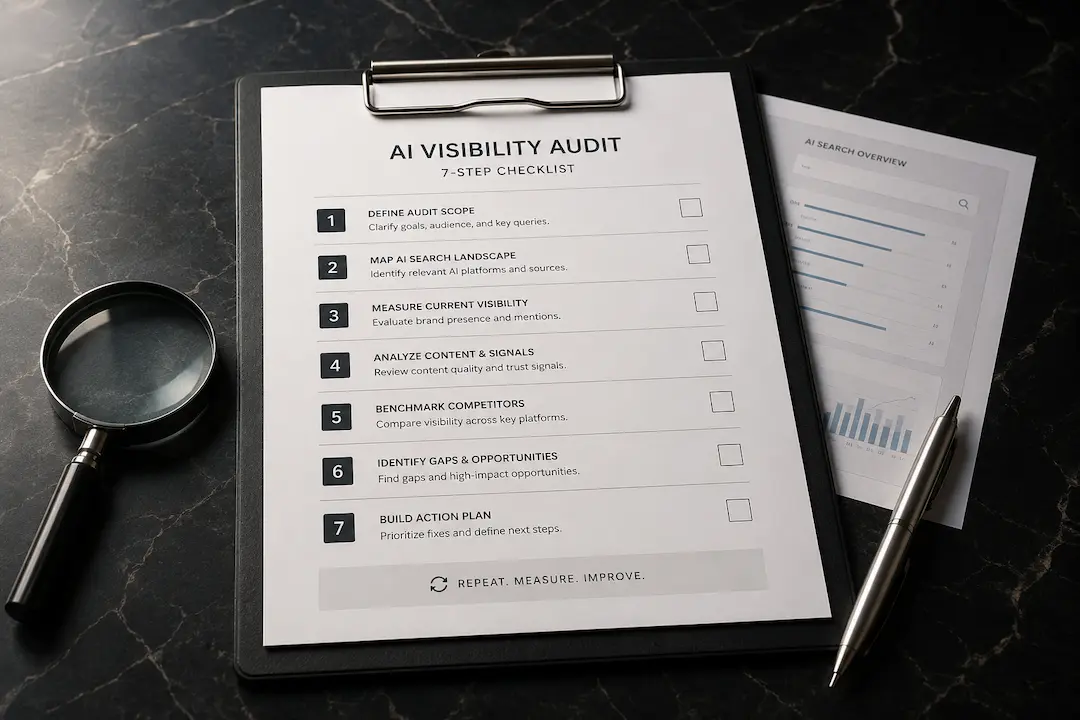 Premium workspace featuring a seven-step AI visibility audit checklist on a clipboard, with a magnifying glass, analytics report and pen on a black marble desk.