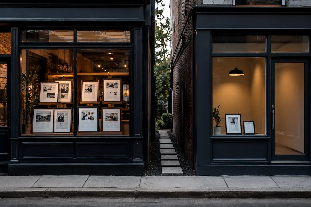 Two neighbouring business storefronts, one displaying many published articles and references and the other showing only a few, representing why AI cites a competitor more often and how to close the visibility gap.