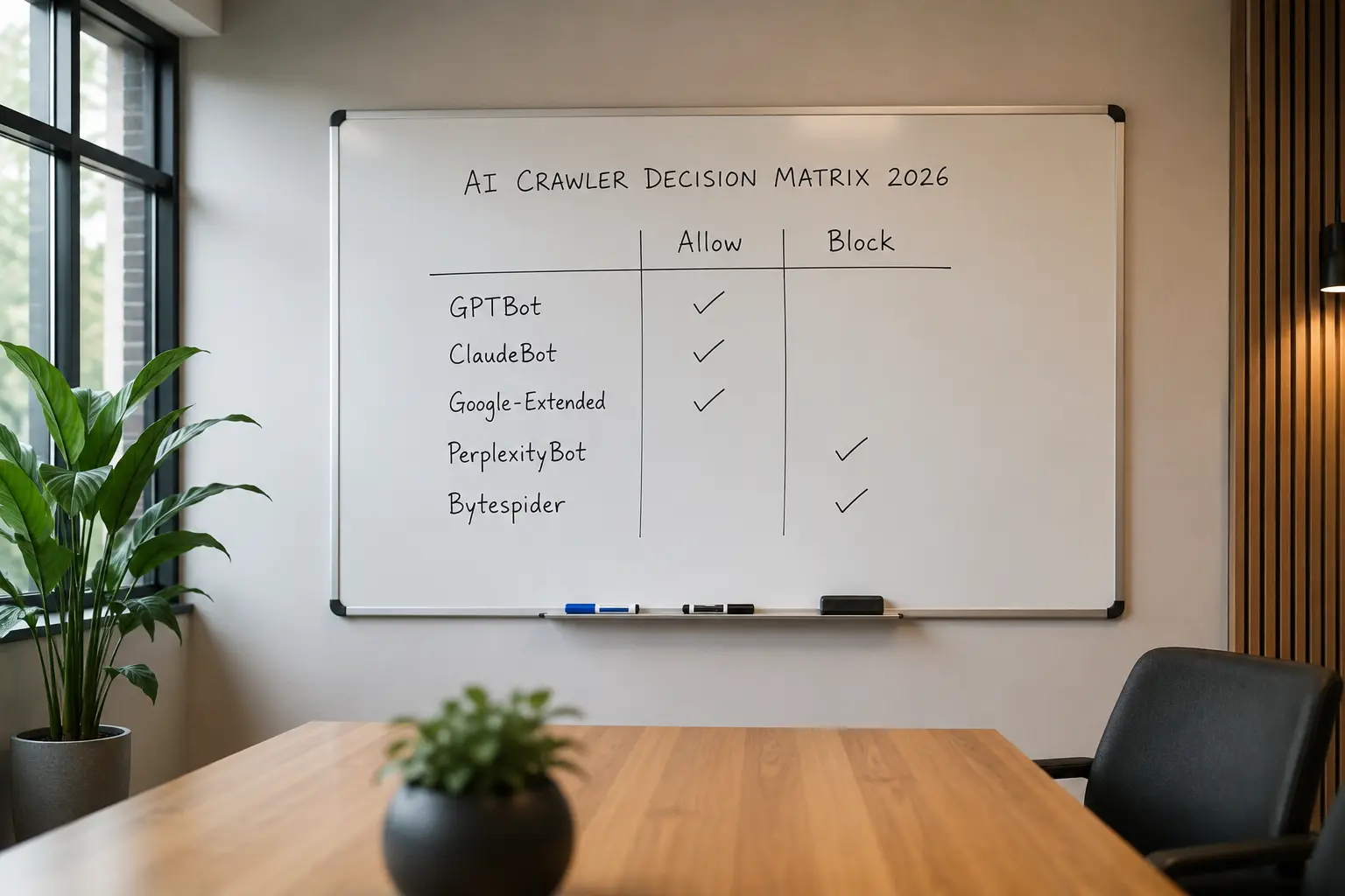 Office whiteboard displaying a 2026 decision matrix comparing which AI crawlers to allow or block for website access.