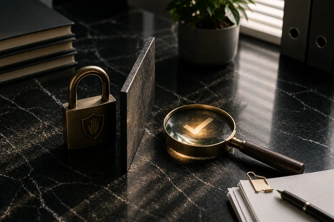 Brass padlock blocking AI training access while a magnifying glass highlights permitted search citation access on a black marble office desk.