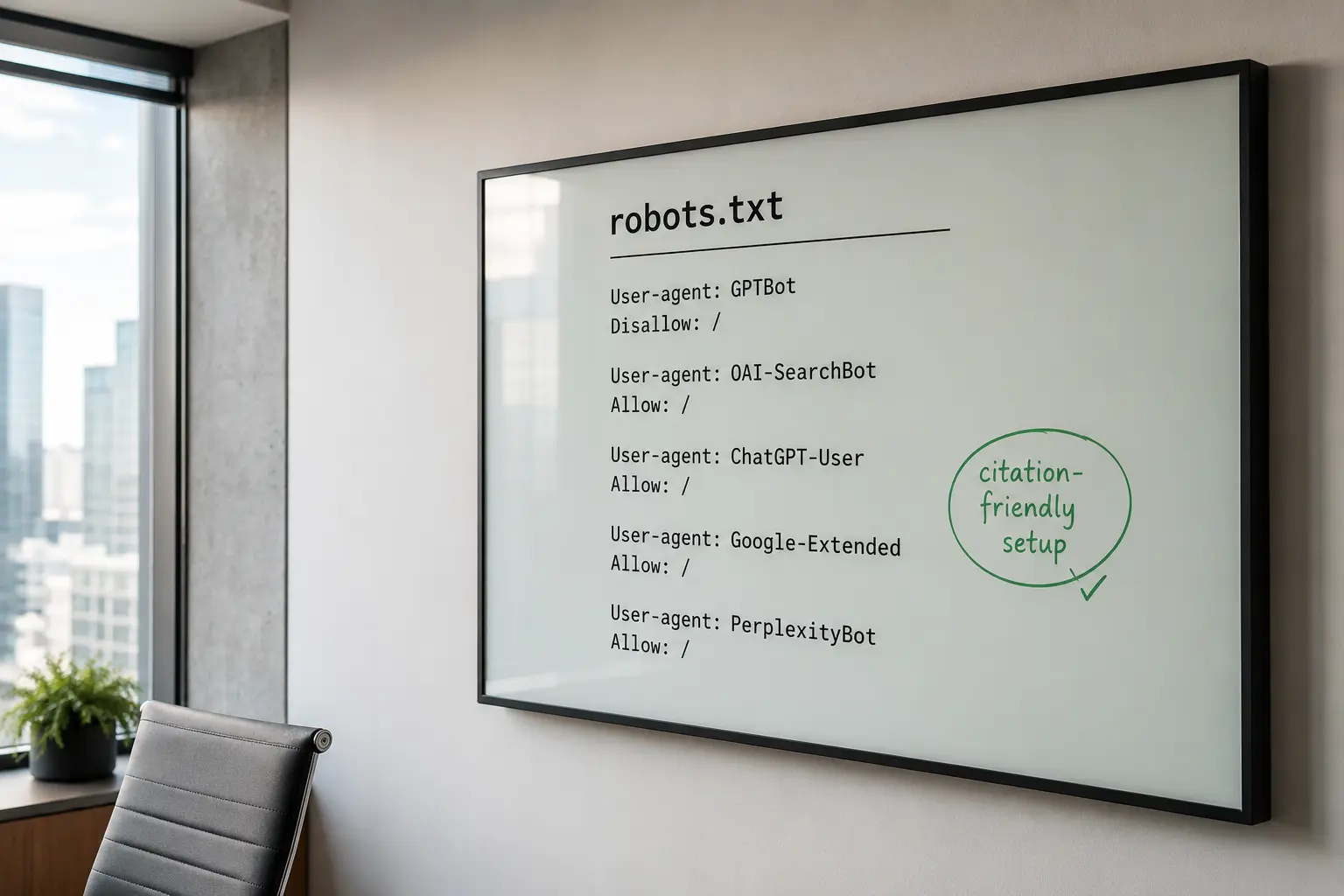 Office whiteboard showing a robots.txt configuration that blocks GPTBot while allowing AI search crawlers to support content discovery and citations.