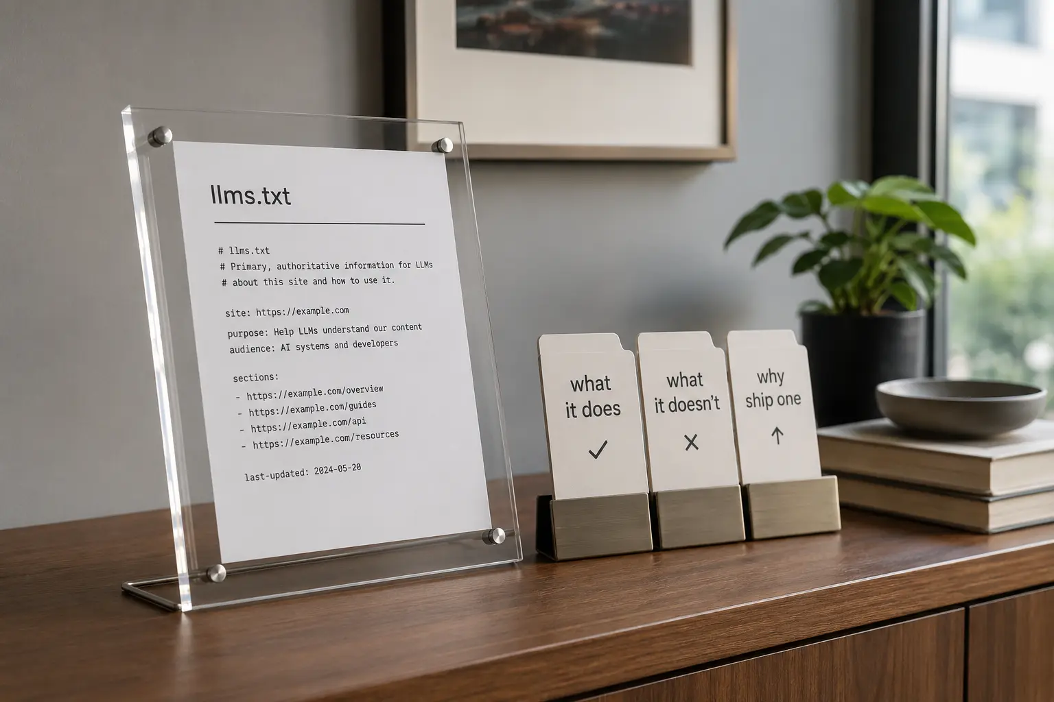 An llms.txt file displayed beside three labelled reference cards explaining what it does, what it does not do and why websites should publish one.