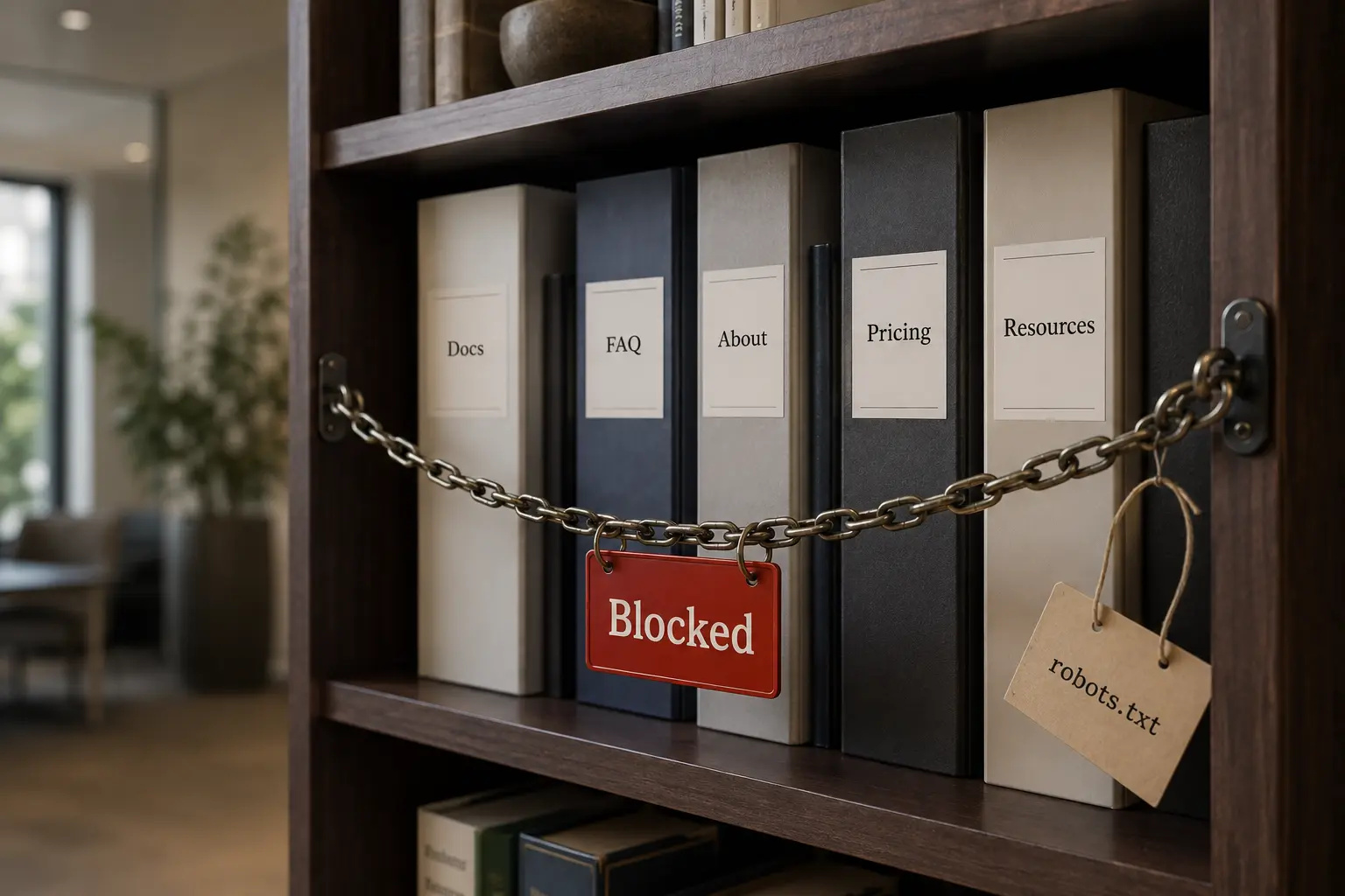 Website content folders secured by a chain marked “Blocked” with a robots.txt tag, representing accidental restrictions that prevent AI platforms from accessing and citing content.