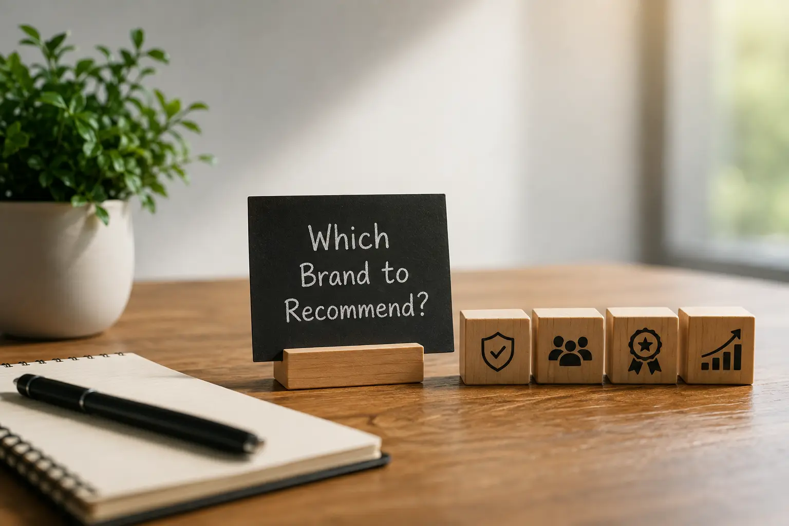 A brand recommendation question displayed beside wooden symbols for trust, audience recognition, authority and growth, representing how LLMs evaluate which brands to recommend.