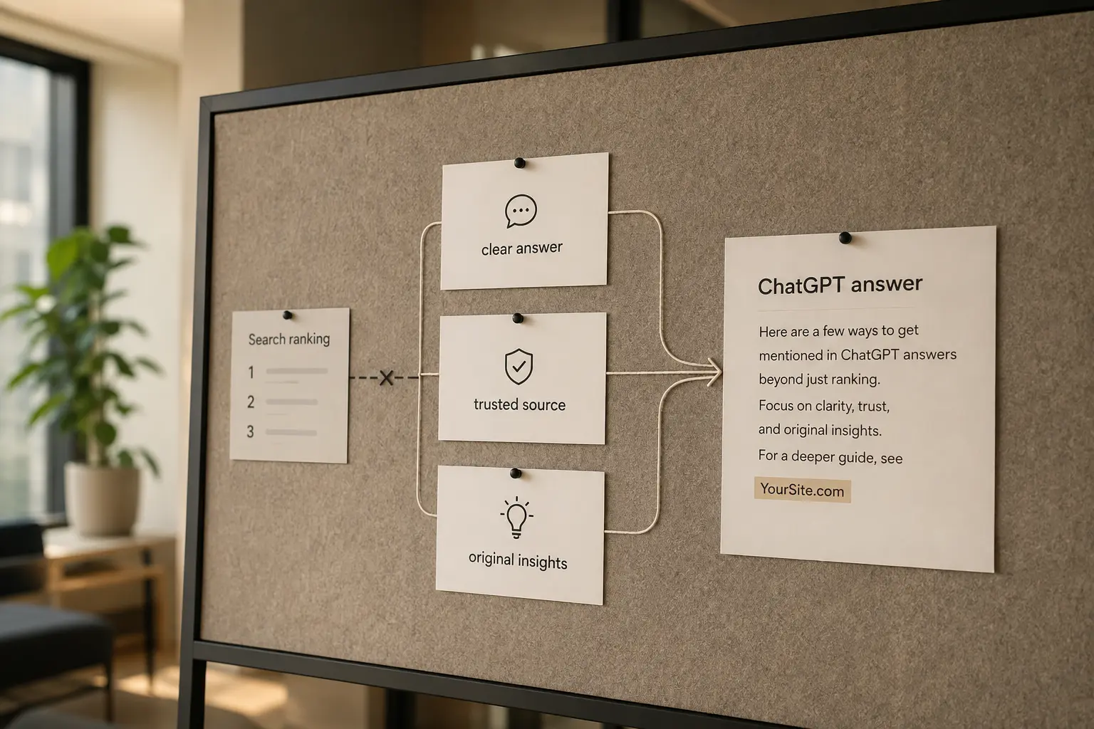 A strategy board showing clear answers, trusted sources and original insights leading to a brand mention in a ChatGPT answer beyond traditional search rankings.