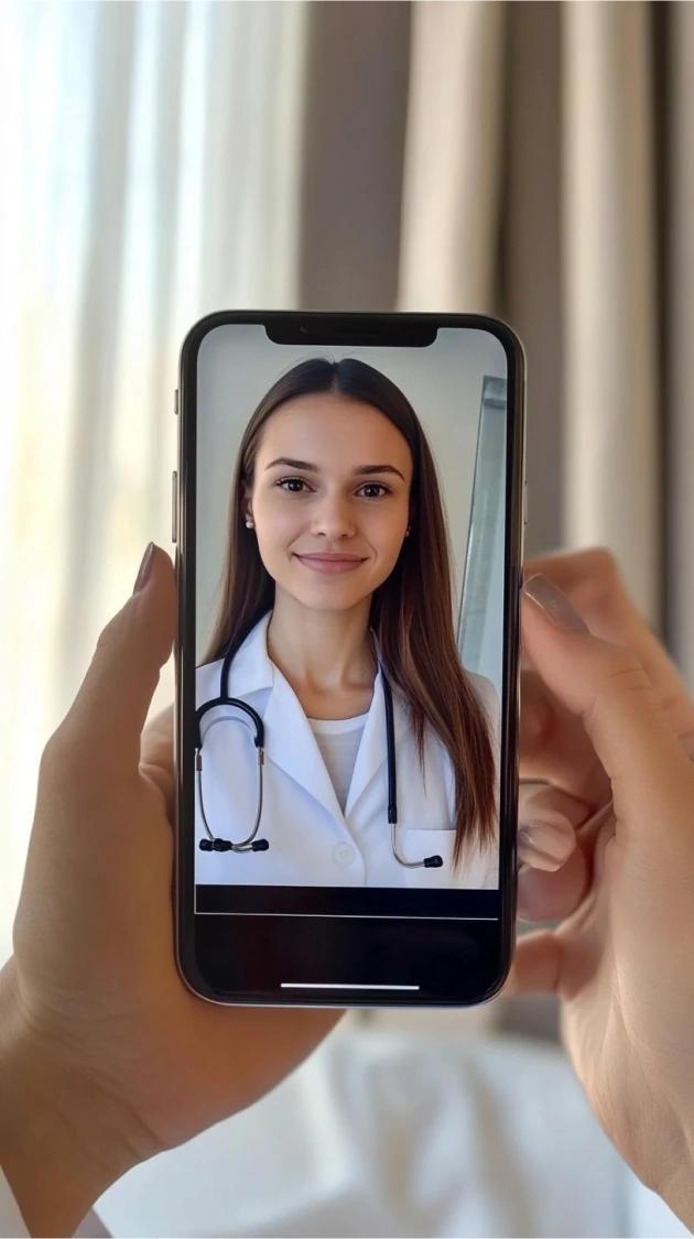 A smartphone screen displaying a video call with a female doctor in a white coat, smiling warmly, with her stethoscope visible around her neck.