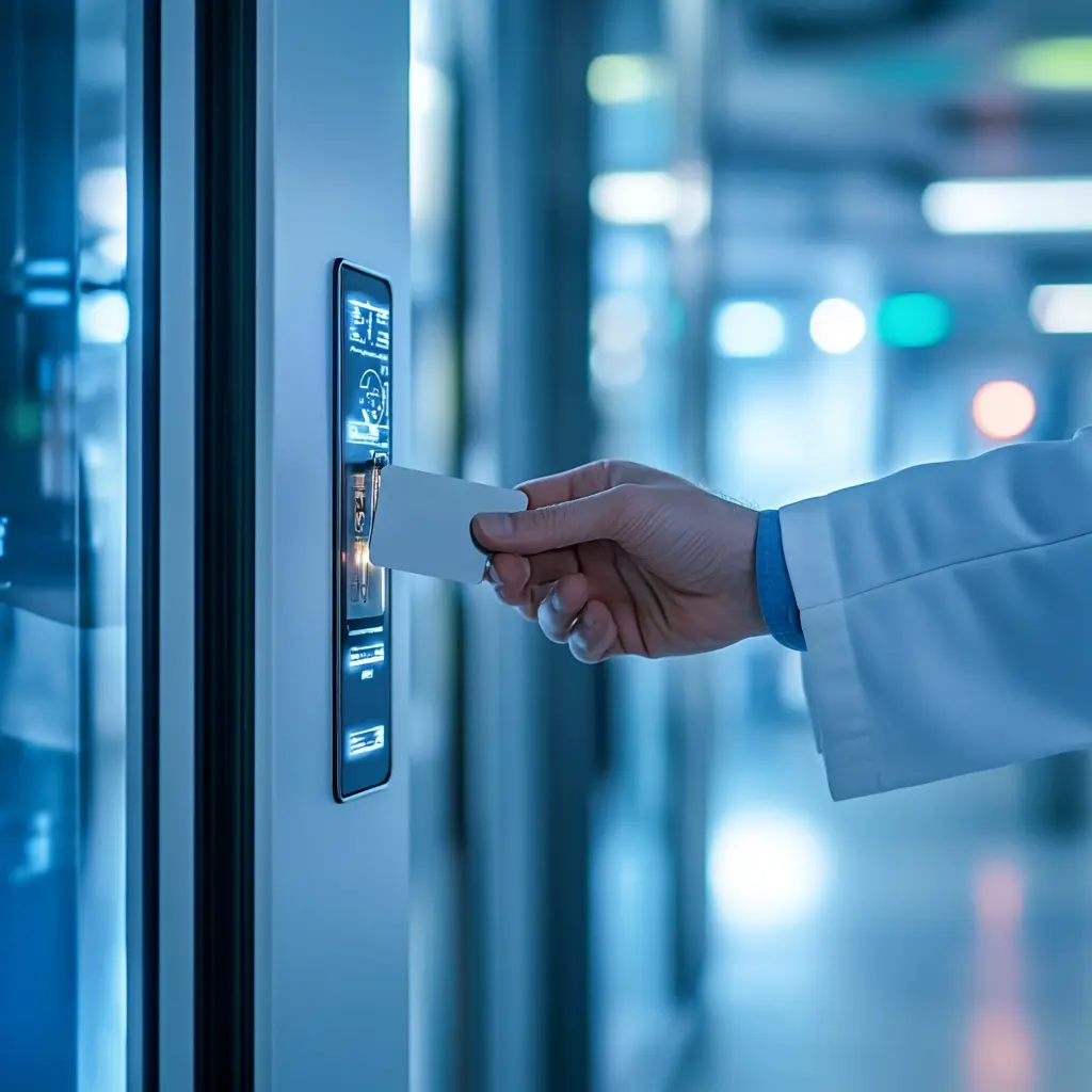 Doctor using a card key to open a high-tech door