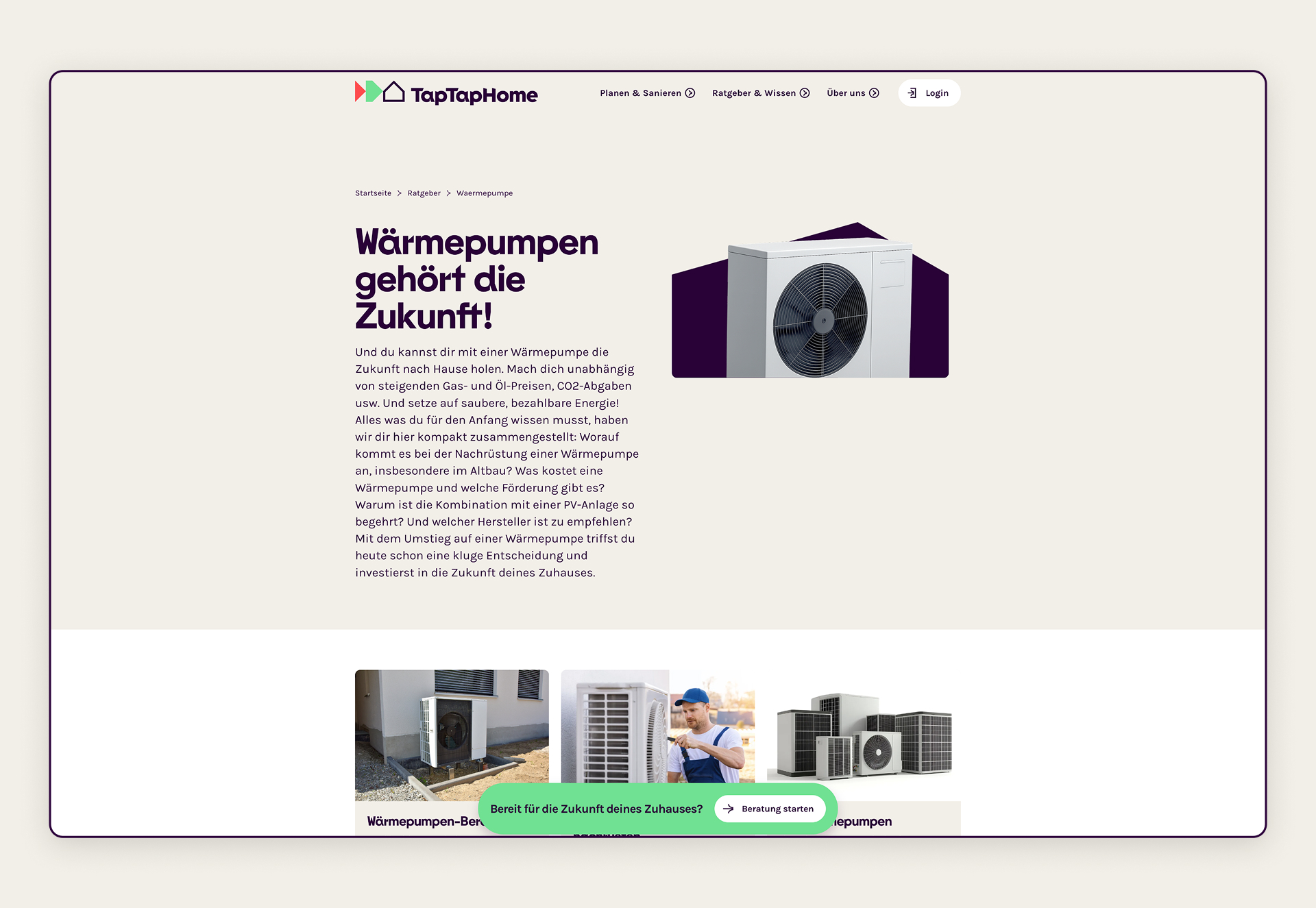 Ratgeberseite Wärmepumpe auf TapTapHome