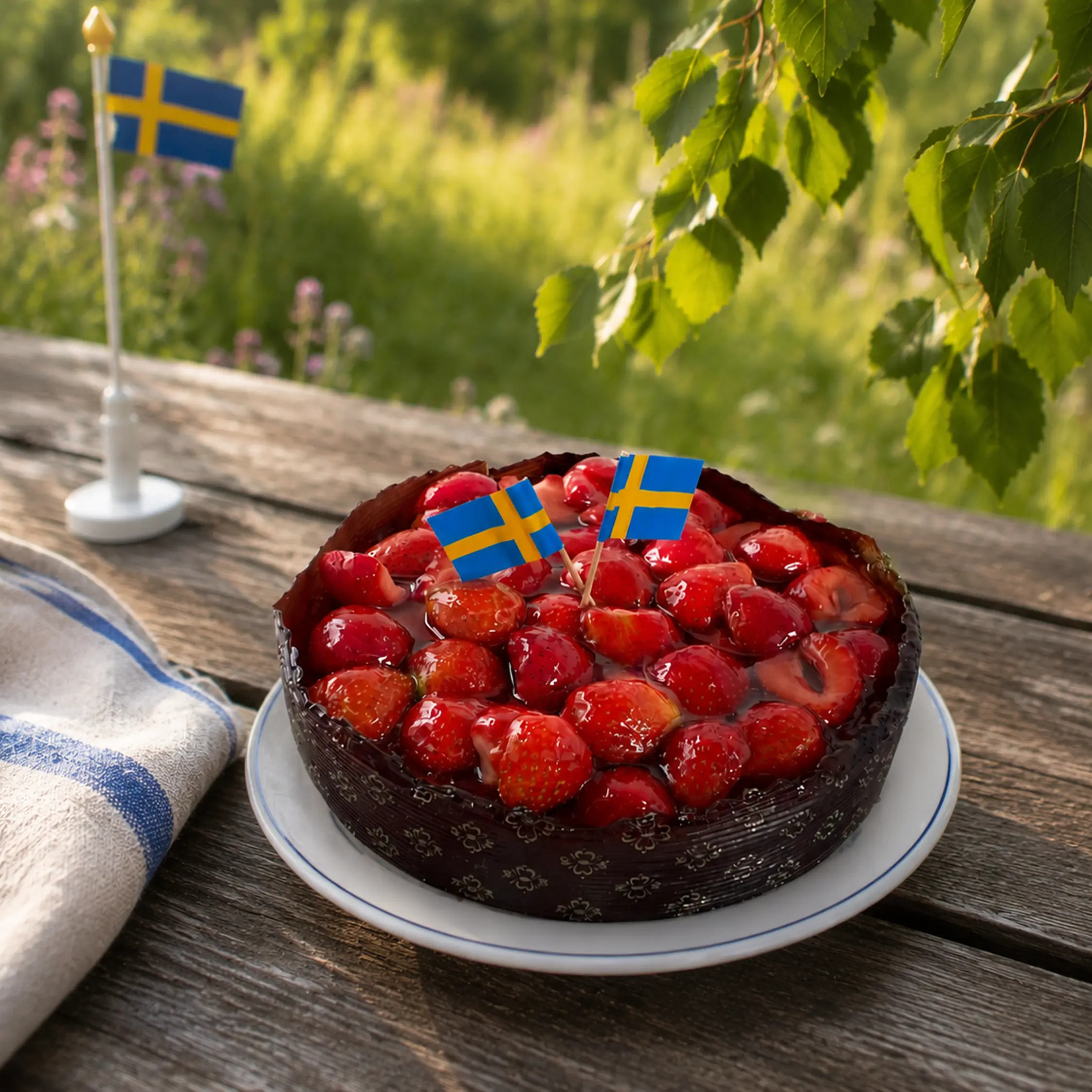 tårta i form med täckt av svenska jordgubbar