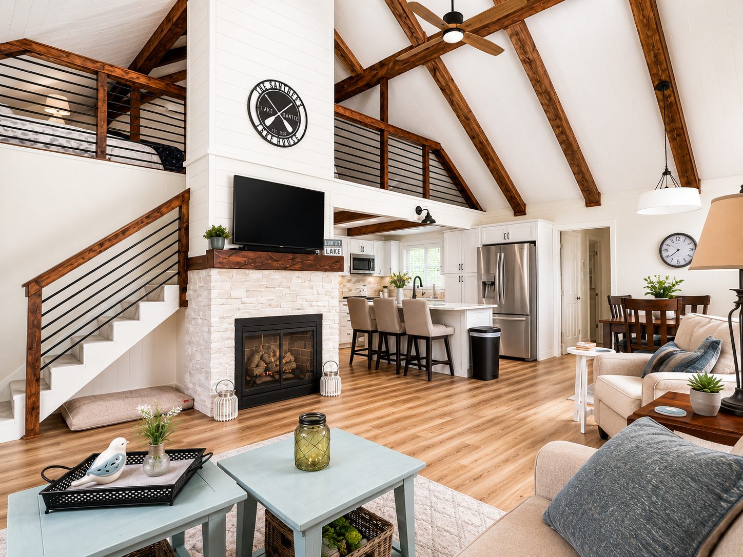 Bright, finished open-plan living room and kitchen interior remodel