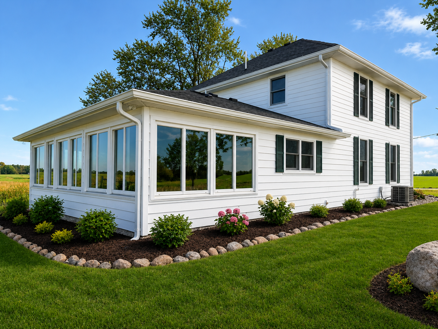 White farmhouse with new roofing, siding, windows, and gutters installed by JCZ Residential in Fairland, Indiana