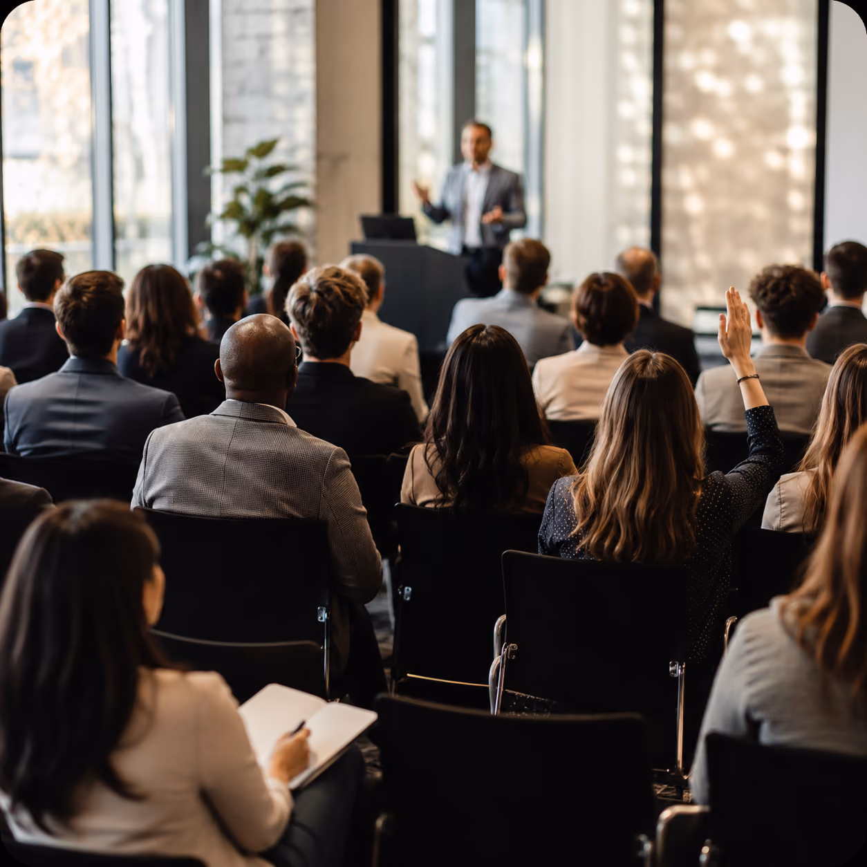 une salle pleine de personnes assises et qui écoutent une personne qui parle