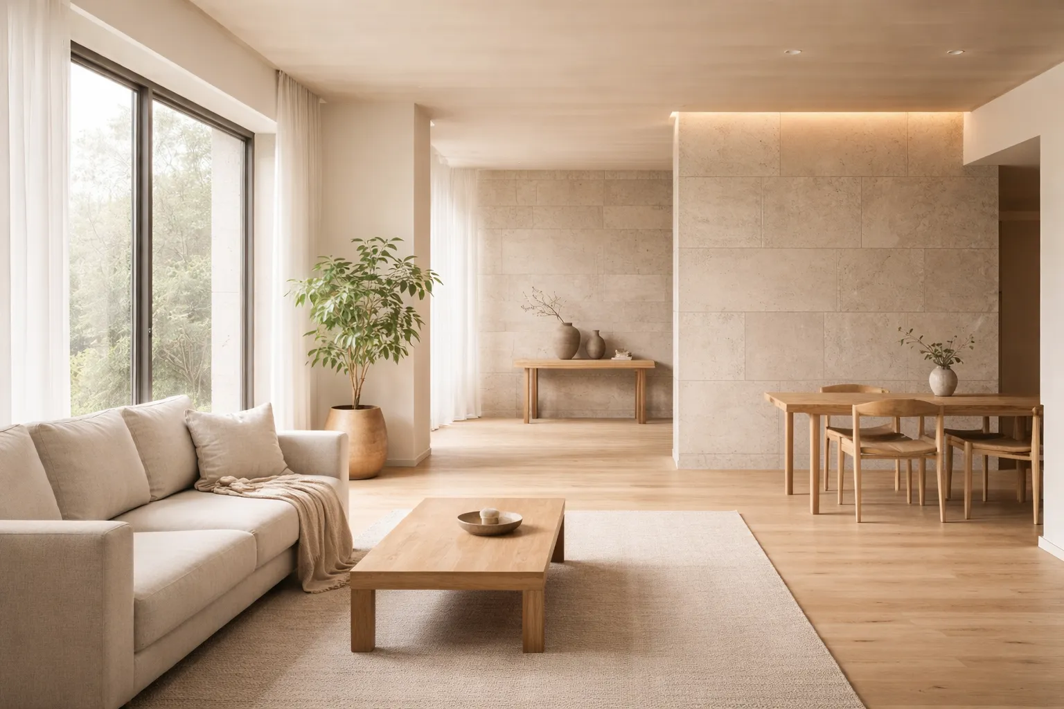 Salon lumineux avec canapé beige, table basse en bois, plante en pot, et coin repas avec table et chaises en bois clair.