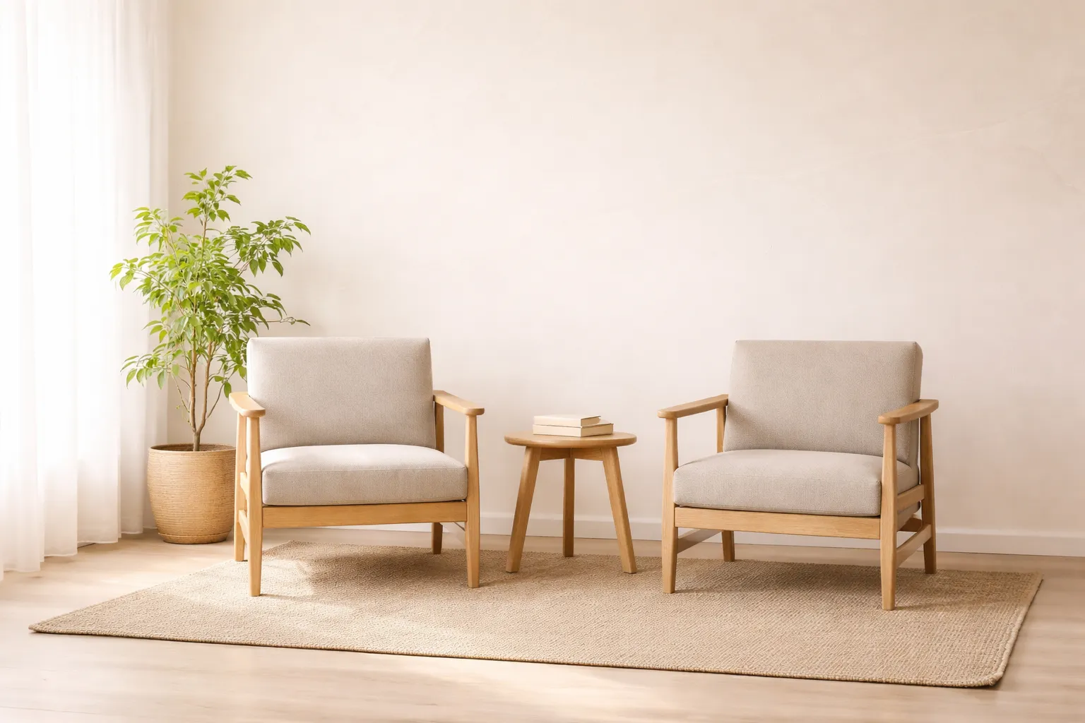 Deux fauteuils en bois clair avec coussins beiges, une petite table ronde en bois avec livres, plante en pot à gauche sur un tapis beige.