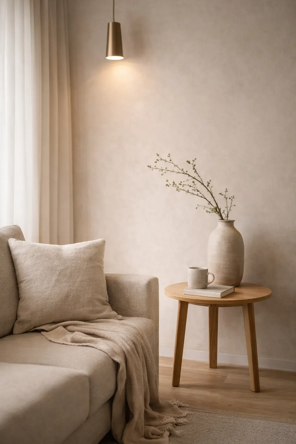 Coin salon minimaliste avec canapé beige, coussin, couverture, table ronde en bois avec vase et tasse, éclairage suspendu.
