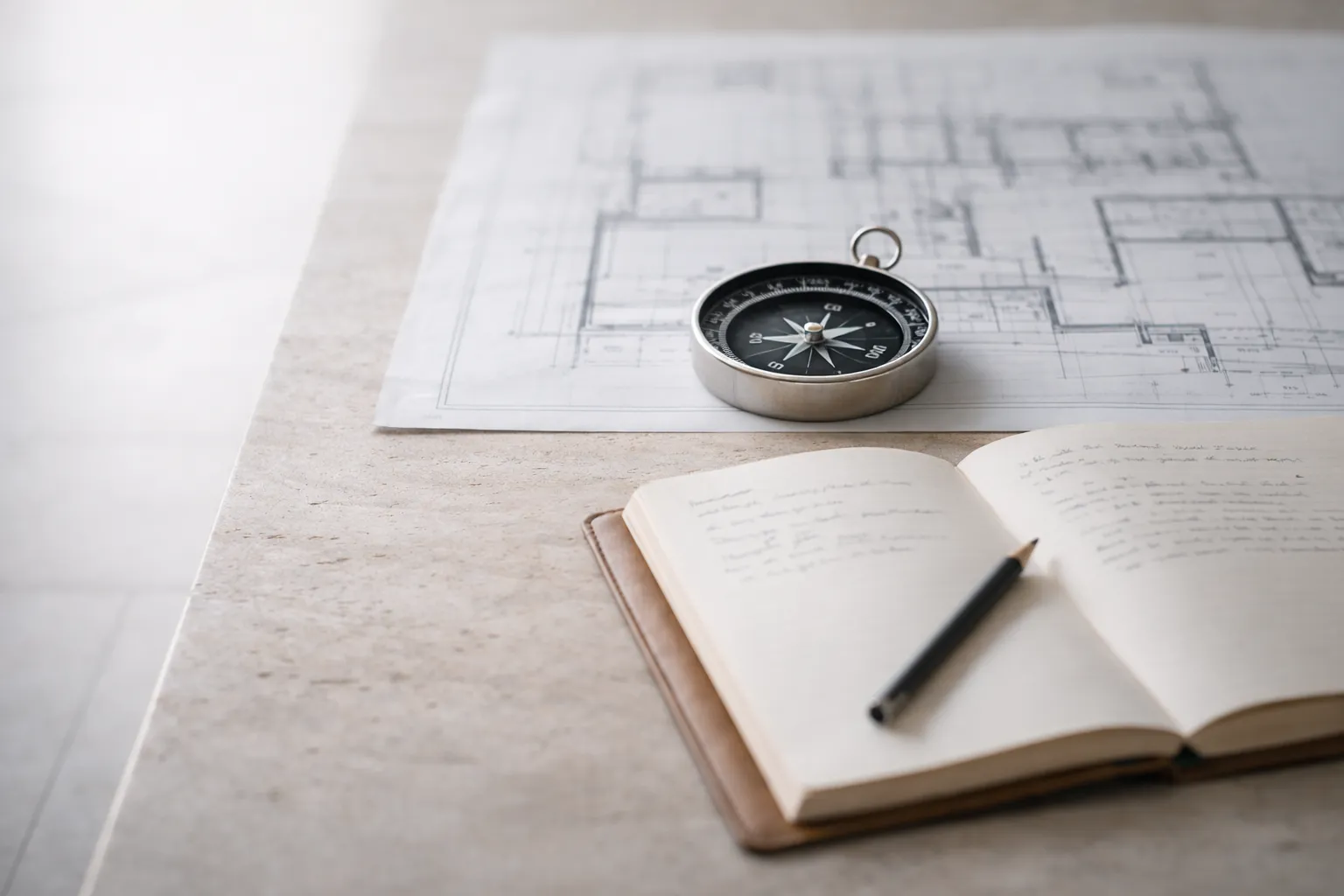 Carnet ouvert avec un crayon posé dessus, un plan architectural et une boussole sur une table claire.