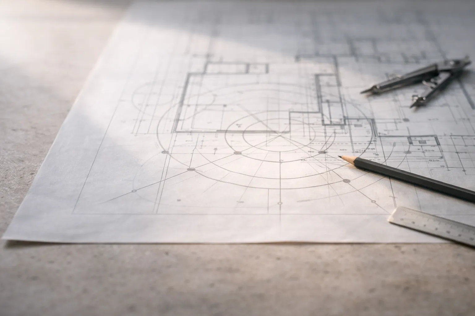 Plan architectural sur papier avec un crayon, une règle métallique et un compas sur une surface claire.