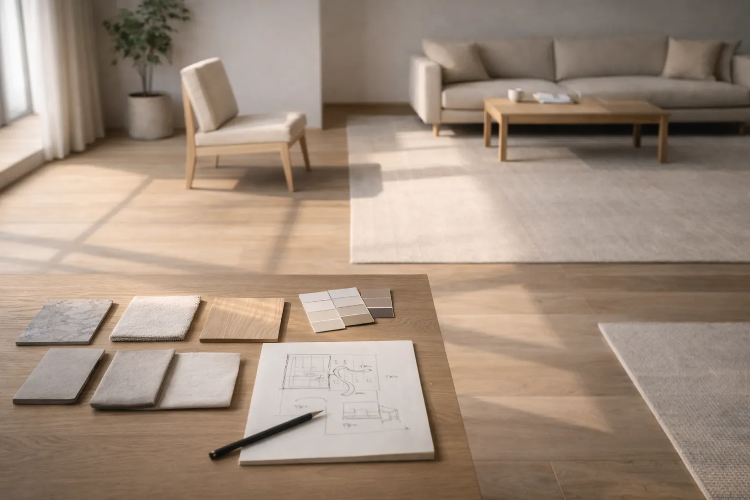 Échantillons de matériaux et de couleurs posés sur une table en bois avec un croquis et un crayon, dans un salon lumineux décoré de meubles beige et d'un tapis clair.