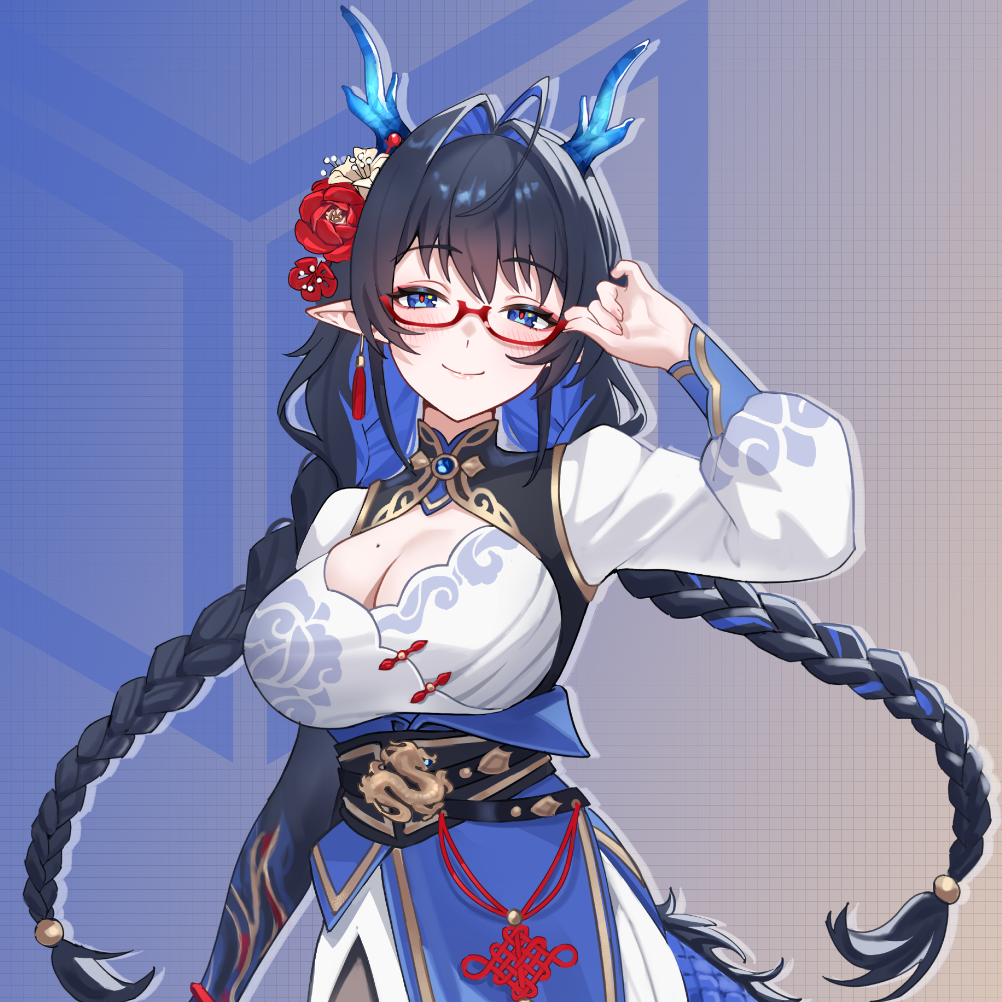 Anime-style female character with long braided black hair, blue antler-like horns, red glasses, and a blue and white ornate outfit with floral and dragon details.