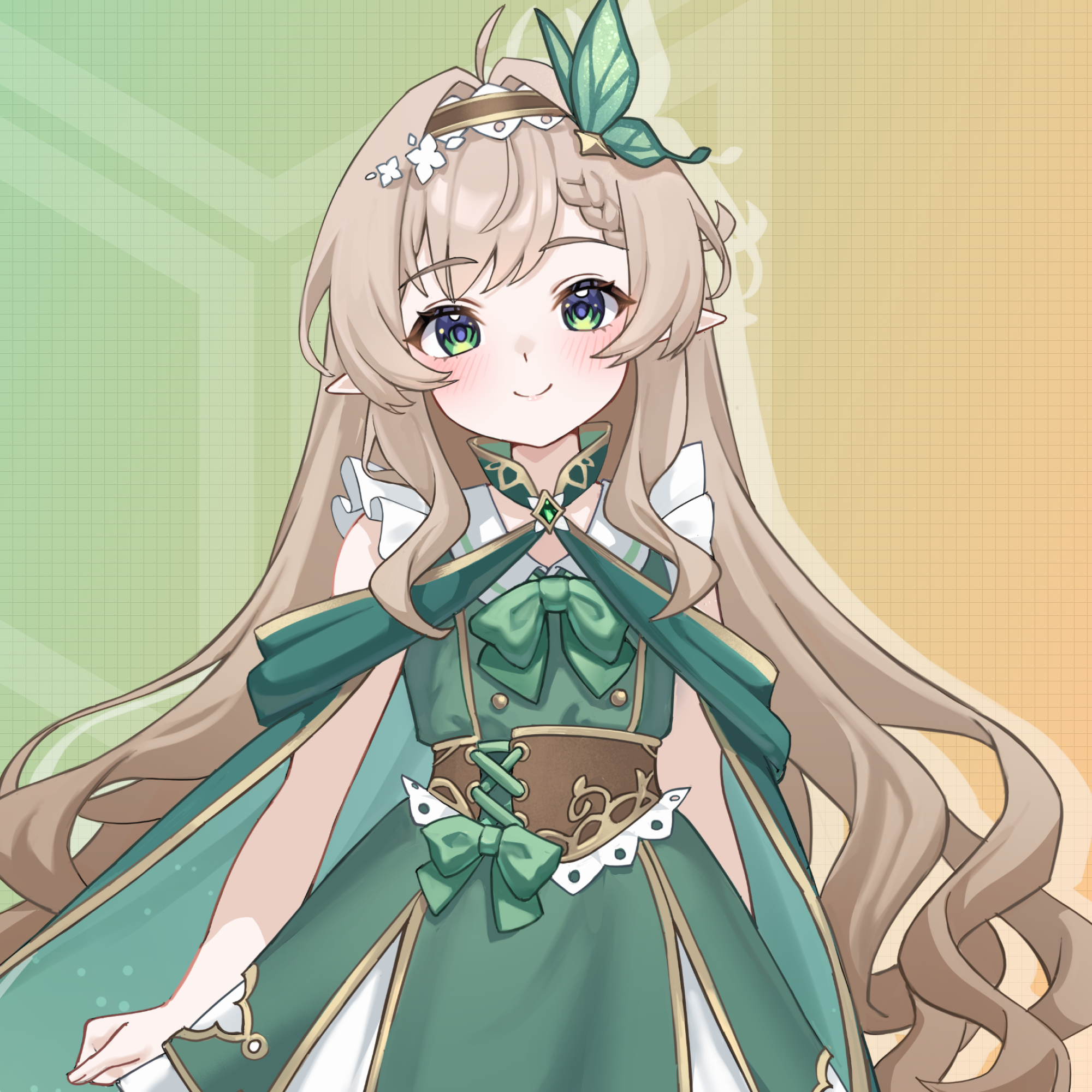 Anime-style character with long light brown hair, green eyes, wearing a green dress with bows and a leaf hair accessory, against a green and orange gradient background.